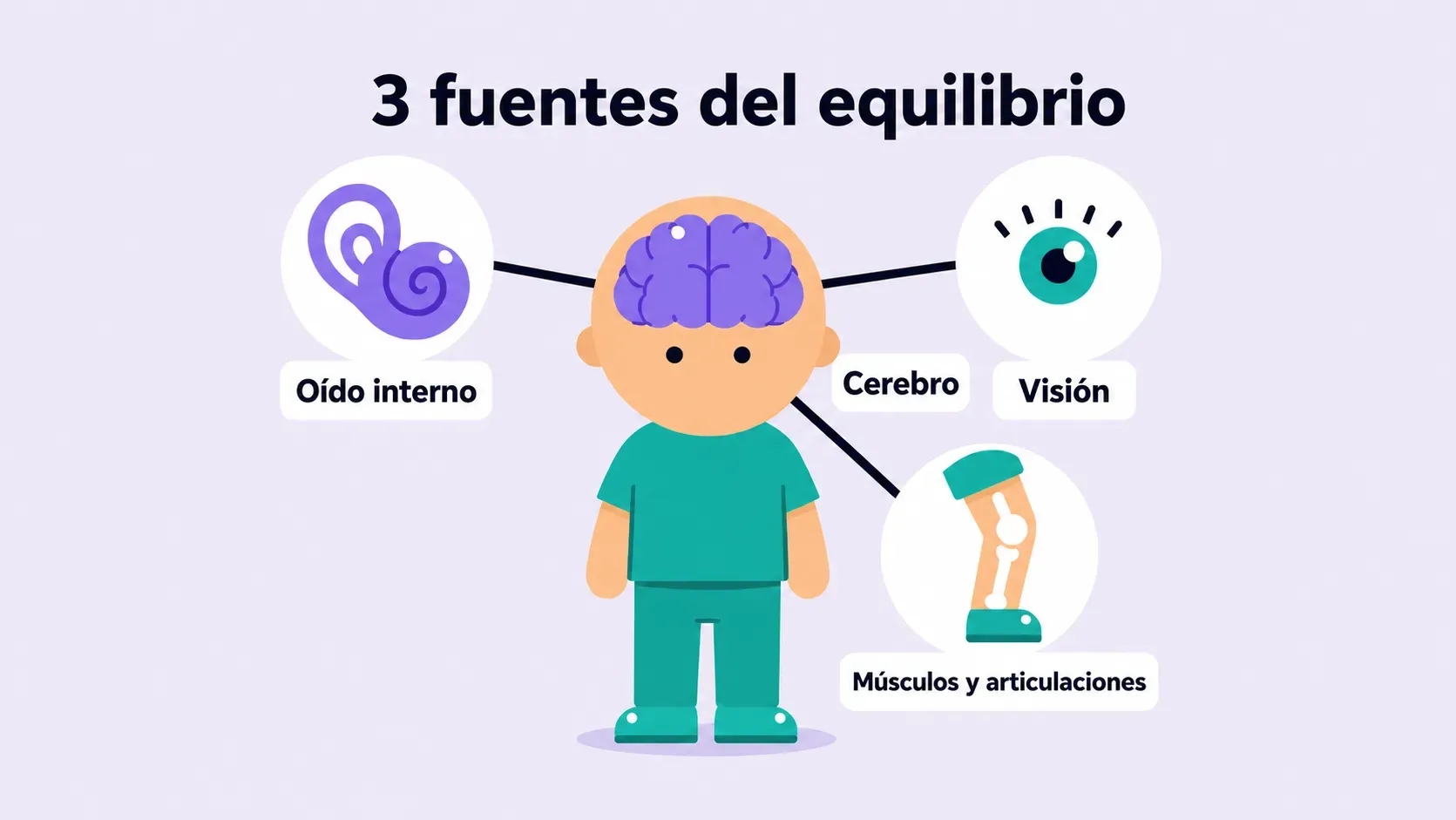 Diagrama de las tres fuentes del equilibrio (oído interno, visión y músculos y articulaciones), conectadas al cerebro, que las integra