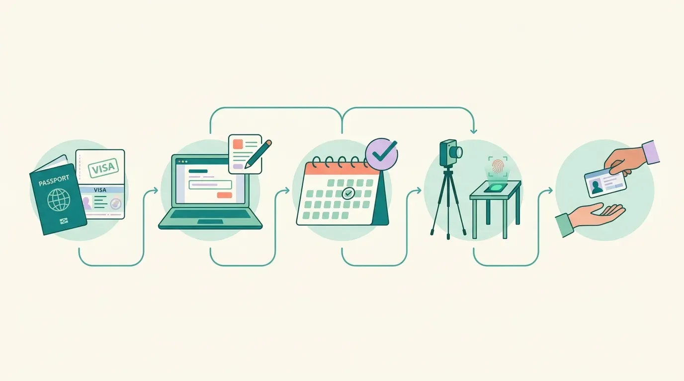 Five-step infographic showing visa approval, online FUT form submission, appointment booking, biometrics, and cédula pickup