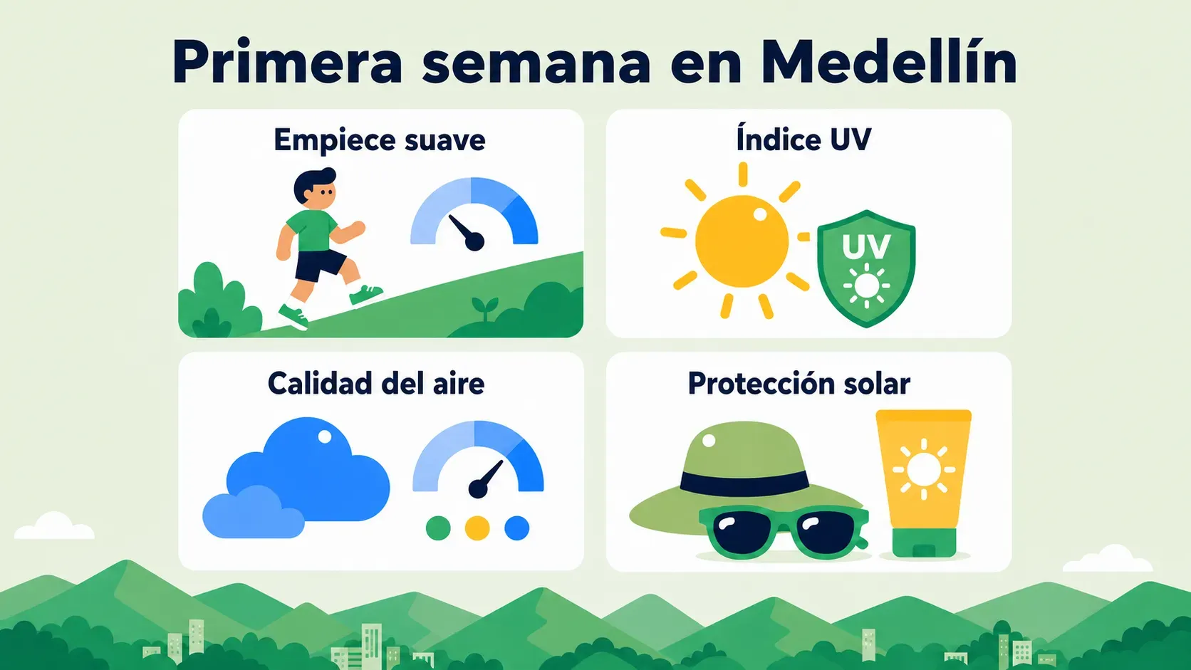 Lista de cuatro tarjetas para la primera semana en Medellín: empiece suave con el ejercicio, revise el índice UV, revise la calidad del aire y use protección solar